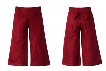 Preview: Burgunderfarbene Thai-Wickelhose, Vorder und Rückansicht, freigestellt.