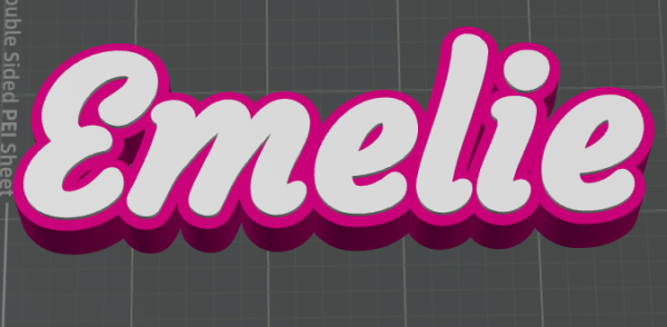 3D-Schriftzug ‚Emelie‘ in Weiß mit pinkem Rand