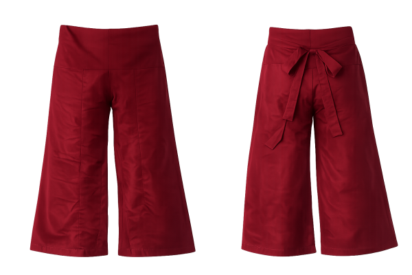 Burgunderfarbene Thai-Wickelhose, Vorder und Rückansicht, freigestellt.