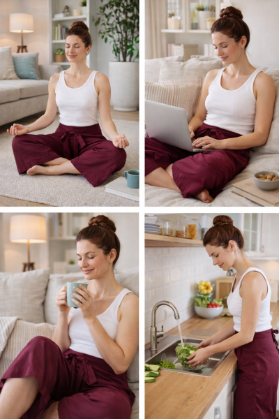 Vier verschiedene Personen zu Hause in burgunderfarbener Thai-Wickelhose: Meditation, Laptop-Arbeit, Lesen und Kaffee in der Küche.