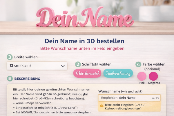 Infografik zur Personalisierung eines 3D-Namensschriftzugs: Wunschname unten im Eingabefeld eintragen, Schriftstil auswählen, Breite 12/17/22 cm wählen und Farbe Pink oder Magenta wählen.